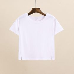 Pure Cotton White Short T-Shirt for Women, Short-Sleeved, Summer 2025 New Style, Loose Fit, High-Waisted, Cropped with Slit, Versatile Top
