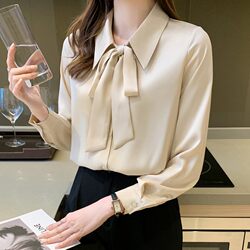 Hangzhou Silk Shirt Long-Sleeved Women's Spring French-Style Tie Bow Shirt High-End Polo Collar Mulberry Silk Top