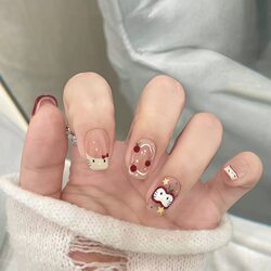 Super Cute Apple Kitty Cake Whitening Press-On Nails, Detachable Short Nail Tips, Handmade Sweet Girl ins Hand-Painted