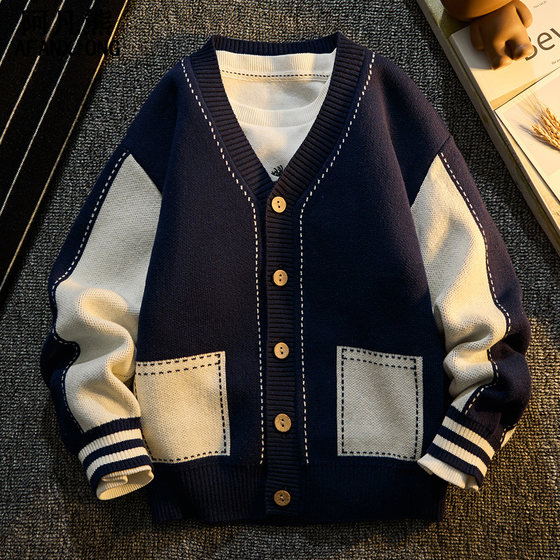 
Boys' cardigan sweater 2026 new autumn clothing spring and autumn pure cotton British style outer sweater jacket for middle and older children