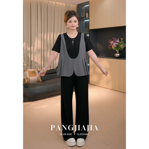 
[Fat Jiajia] Fat mm plus size women's versatile fake two-piece T-shirt summer design slimming casual top