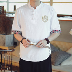 Hanfu Men's Summer Chinese Style T-Shirt Retro Trendy Brand Shirt Embroidered Youth Thin Zhongshan Suit Short-Sleeved Tang Suit