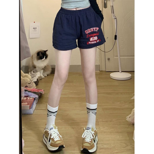 American retro sports shorts for women, summer thin straight-leg outer wear, loose high-waist slim casual cotton wide-leg pants