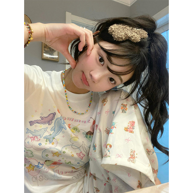 Colorful cartoon doodle print shoulder T-shirt for women in summer casual versatile slim small cotton short-sleeved top