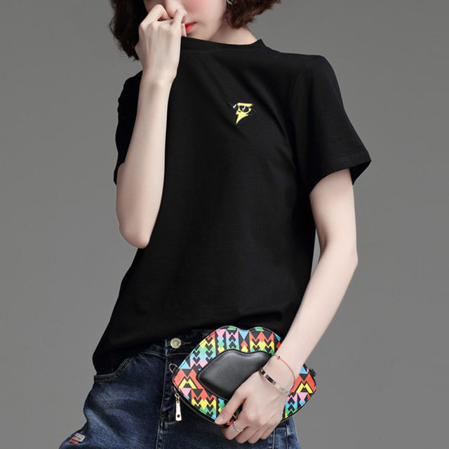 Pure cotton black short-sleeved T-shirt women's half-sleeved loose large-size summer 2023 new embroidered T-shirt top trend
