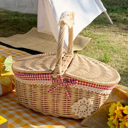 Rattan Picnic Basket with Lid, Wicker Large Photography Fruit Gift Basket, Portable Basket, Photo Storage Basket, Storage Basket