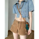 Mid-sleeved American retro hot girl denim shirt for women's summer design niche slim fit slim navel neck short top