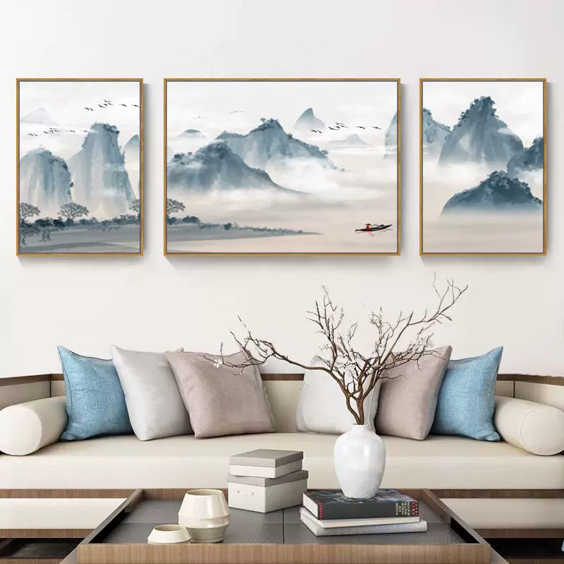 客厅装饰画沙发背景墙三联画新中式禅意水墨山水画挂画中国风壁画-Taobao