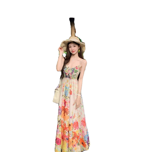 
French pure sexy ice skin jade bone color broken flowers suspender high waist big seaside vacation long skirt women
