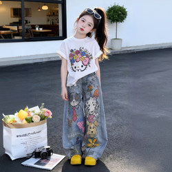 Girls' Summer Outfit 2026 New Style Children's Stylish Short-Sleeve T-Shirt Summer Girls' Casual Wide-Leg Pants Jeans