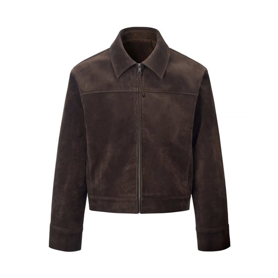 AMBSOM Deep Coffee Imported Cow Suede Vintage Lapel Deerskin Feel Right Shoulder Jacket