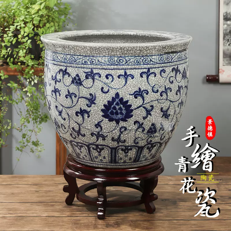 超大 染付六面梅花形植木鉢 盆栽鉢 冰裂纹青花花盆年代物古美術 青花瓷裂纹釉大花盆陶瓷发财树盆景缸中国风陶瓷花盆养鱼缸