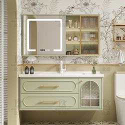 French-Style Oak Bathroom Cabinet Set with Integrated Ceramic Basin, Bathroom Sink, Cream-Style Washbasin Cabinet