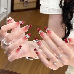 Red Series Nail Art, Medium-Length Handmade Nails for Chinese New Year 2026, Blush Bride Style with Rhinestones, Fireworks French Style