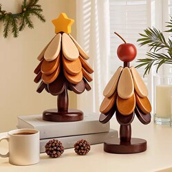 Christmas Tree Solid Wood Heat Insulation Mat, a Tree-Shaped Coaster, Creative Home Dining Table Decoration, Anti-Scalding, High-Temperature Resistant, Foldable Pot Mat