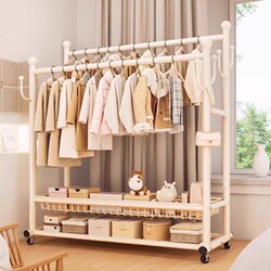 Clothes Drying Rack, Floor-Standing, for Bedroom, Household Use, Movable Clothes Rack, Indoor Room Clothes Storage Rack, Double-Rod Coat Rack