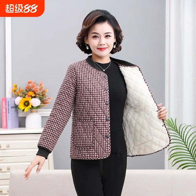 Middle-aged and elderly autumn and winter new fashion plaid plus velvet short coat mother's style modern round neck thickened warm cotton coat for women