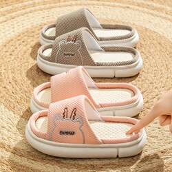 Linen Slippers for Home Use, Women's All-Season Indoor Non-Slip Silent Floor Slippers for Couples, Men's Thick-Soled Home Slippers