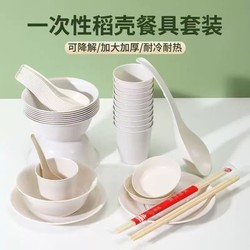 Bowl, cup, spoon and rice husk disposable tableware set