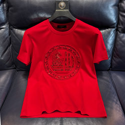 Year of the Horse Chinese Style Short-Sleeved 2026 New Year Red T-Shirt for Men with Embroidered Fu Character, Half-Sleeve Mercerized Cotton Zodiac Year Top T-Shirt