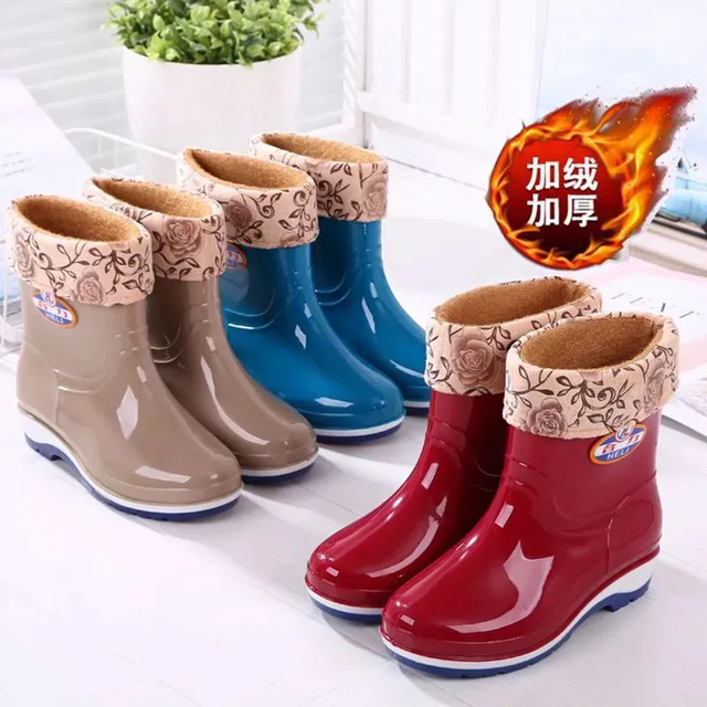 
All seasons universal mid-tube rain boots rubber shoes rain boots women's wear-resistant high-tube water shoes non-slip plus velvet adult long tube kitchen