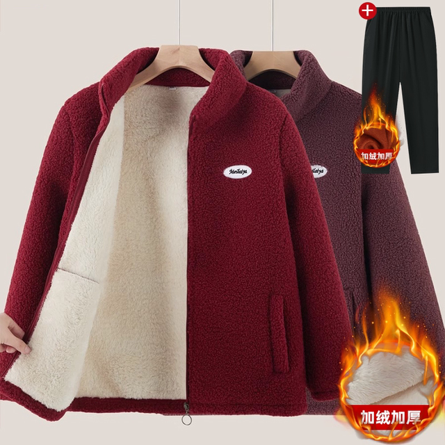 Middle-aged mother winter lamb wool coat plus velvet thickened cotton coat middle-aged and elderly women's autumn and winter warm cotton coat red