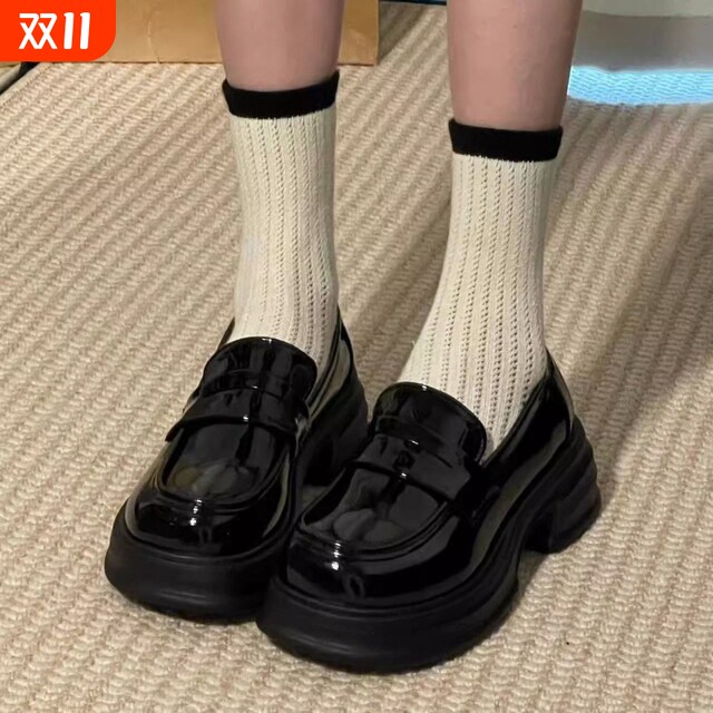 Round toe thick sole British loafers women's 2025 new retro versatile jk formal shoes black thick heel small leather shoes