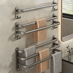 No-Drill Towel Rack Wall-Mounted Bathroom Towel Bar Storage Rack Bathroom Storage Rack Double Rod Space Aluminum