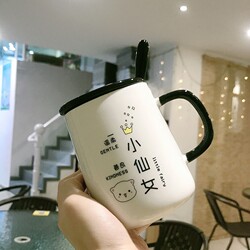 Creative and Personalized Ceramic Cartoon Couple Mugs with Lids and Spoons for Male and Female Students, Suitable for Home Use, Breakfast, Milk, Water, and Coffee