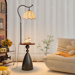 Cream-Colored Storage Rack with Integrated Floor Lamp, Several Decorative Pieces Next to the Living Room Sofa, Ambient Lighting, Bedroom Bedside Table Lamp
