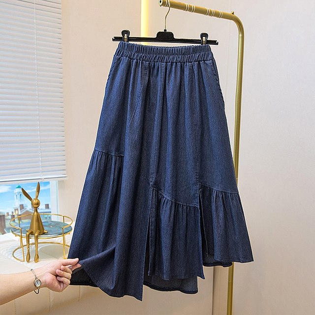 Large size women's elastic high waist tensile denim skirt summer fat mm irregular versatile ruffled A-line skirt