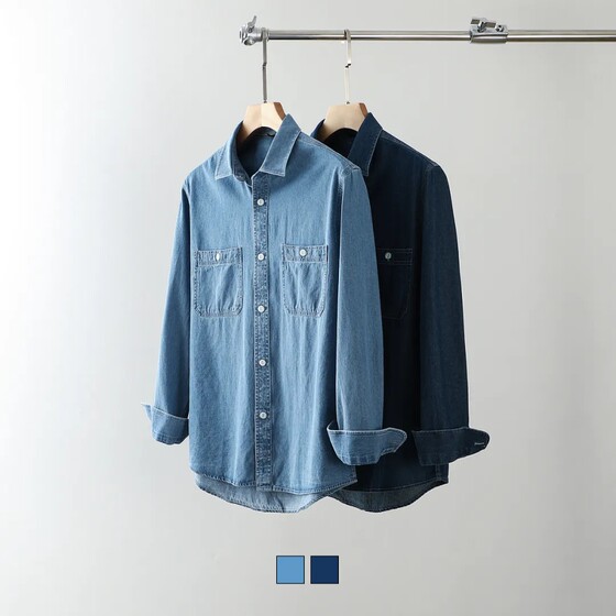 
American retro temperament double pocket denim shirt trendy and fashionable light work style casual cotton shirt jacket