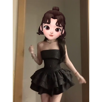 A slight fat, pure and horny girl with thin shiny diamond strapless puffy skirt