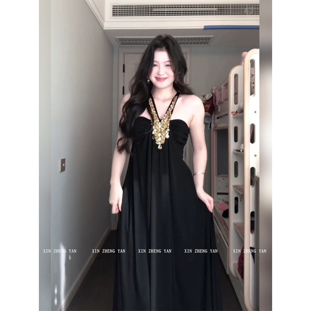XZY/Xin Zhengyan, slightly fat mm noble and ancient style bead halter neck dress female celebrity temperament heavy industry long skirt