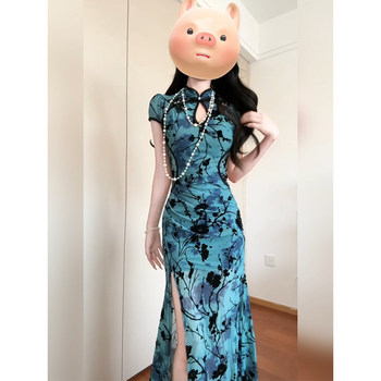 A slightly fat and elegant new Chinese style modified cheongsam flocking long skirt