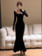 The lady's temperament is slim square collar and step-by-step lotus black long-sleeved dress for women with large size sexy knitted fishtail long skirt