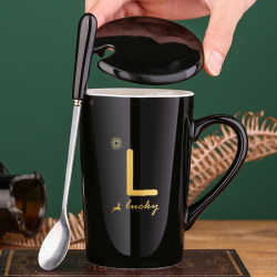Mug with Lid and Spoon, Couple Ceramic Cup, Creative Home Office Breakfast Coffee Cup, Men's Tea Cup