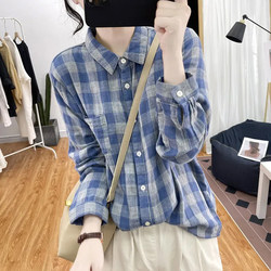 Pure Cotton High-Quality Korean Small Plaid Long-Sleeved Shirt for Women, Spring and Autumn Loose Retro Top with a Turn-Down Collar, Age-Reducing Shirt