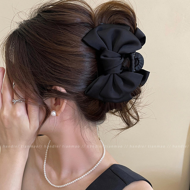 Temperament and high-end large satin bow hairpin for women with large hair volume, hairpins on the back of the head, shark clip headgear