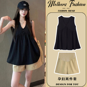 
Maternity suit summer 2026 new black V-neck vest thin sleeveless babydoll top shorts two-piece set