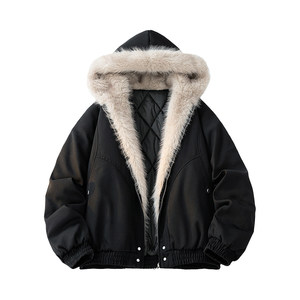 
American style mountain carving fur collar short cotton coat men's winter warm couple cotton coat jacket