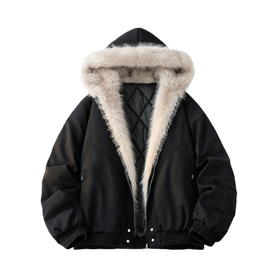 
American style mountain carving fur collar short cotton coat men's winter warm couple cotton coat jacket