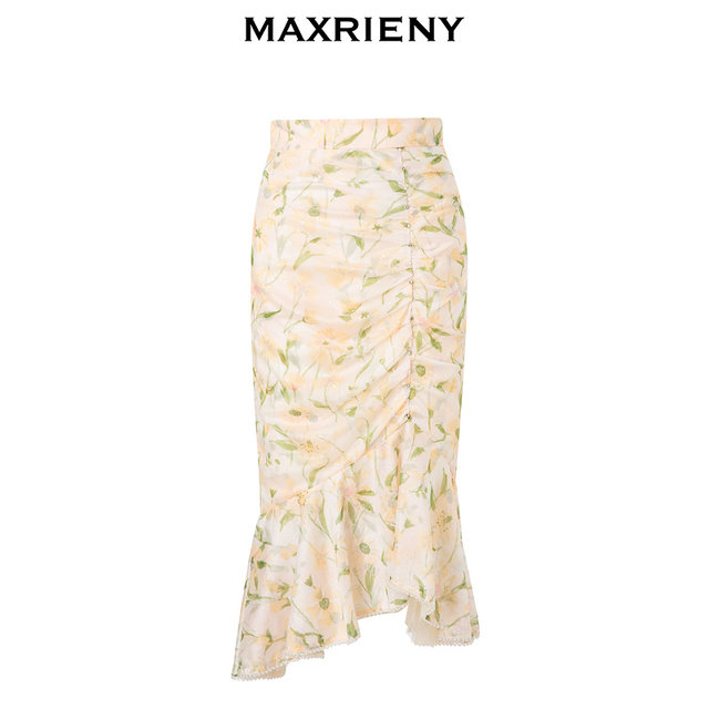 MAXRIENY light yellow pleated printed fishtail skirt European style pastoral garden style skirt
