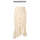 MAXRIENY light yellow pleated printed fishtail skirt European style pastoral garden style skirt
