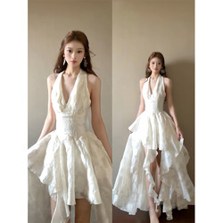 French Sweet Girl Jacquard Halter Dress for Women, Unique and Beautiful Princess Dress for Early Summer, Waist-Cinching Long Dress with a Train