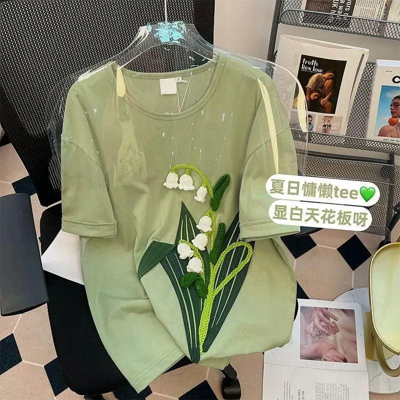 夏季新款设计感立体花朵短袖T恤创意贴布大码300斤男女情侣上衣潮-Taobao