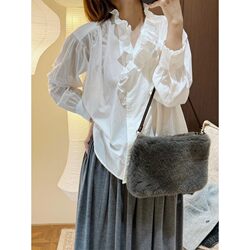 Trendy Ruffled Edge Patchwork Pure Cotton Loose Shirt for Women, Early Autumn 2026, French Stand Collar Versatile White Shirt