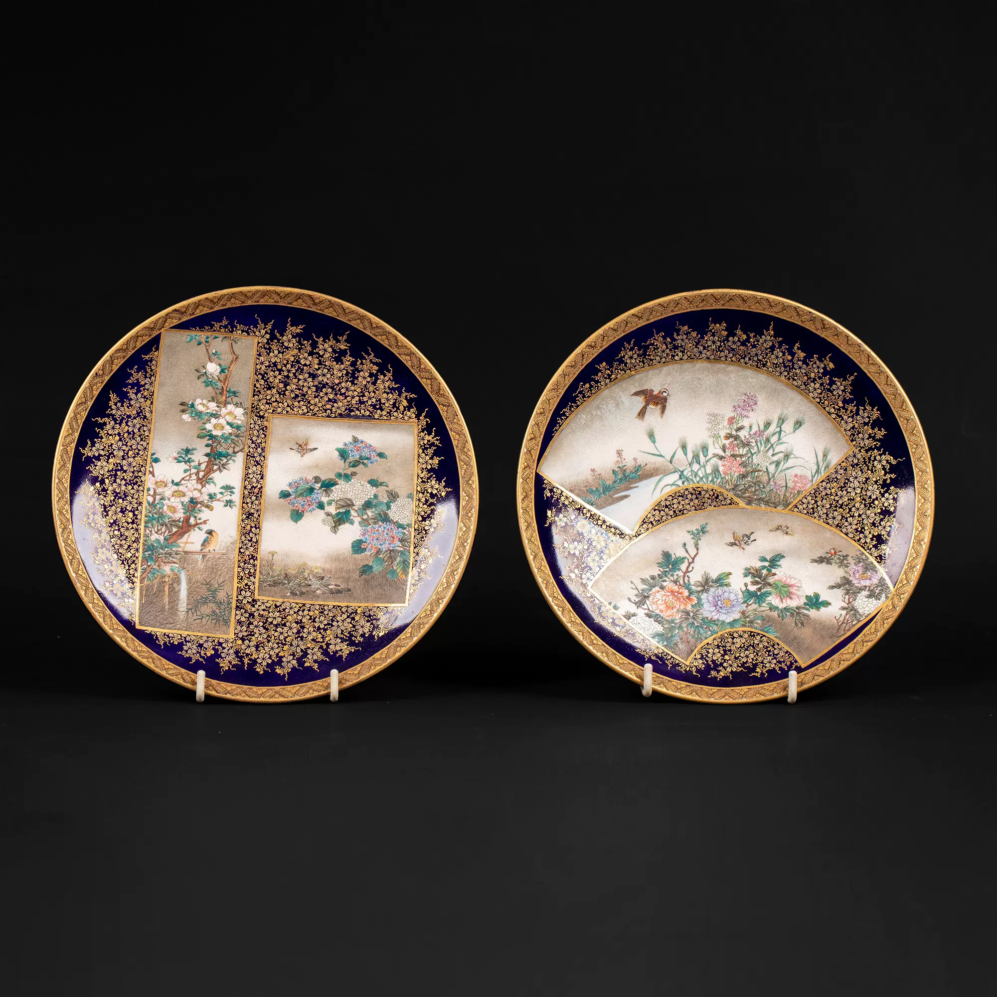 独角鹿西洋古董瓷器日本明治时代錦光山造金彩花鸟萨摩烧瓷盘一对-Taobao