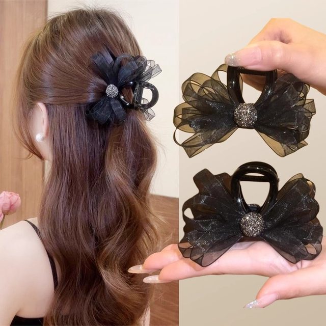 French elegant mesh black bow medium size grab back head temperament hair clip shark chuck headdress hair accessories women
