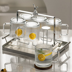 Sunflower Embossed Glass Drinking Cup for Home Use, Living Room, Light Luxury, High-End Feel, with Handle, Tea Set